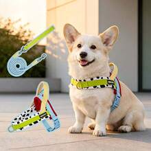 1PC New Cow Print Color Block Saddle Style Pet Dog Harness And Leash Set, Easy To Put On And Take Off, Comfortable Lining, Adjustable Size, Integrated Anti-Pull Handle, Matching Pattern Leash, Fashionable And Cute, Durable Polyester Material, Suitable For Small And Medium Dogs, Perfect For Daily Walks, Outdoor Hiking, Camping And Picnics - Green - View 3