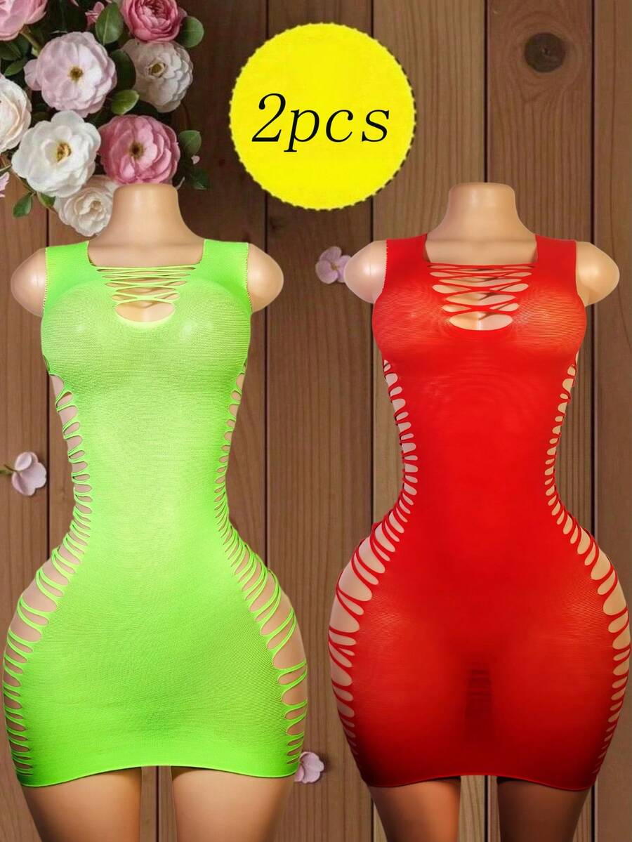 2Pcs Women's Neon Green Sexy Fishnet & Distressed Cutout Bodycon Mini Dress Set Halter Tassel Mesh And Sleeveless Hollow Out Stretchy Lingerie Clubwear Dresses - Multicolor - View 1