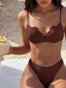 Bikinx Women's Solid Color Shell-Shaped Cup Bikini Set Spaghetti Strap Tie-Back Swimwear Vacation Summer Beach - Coffee Brown - View 3