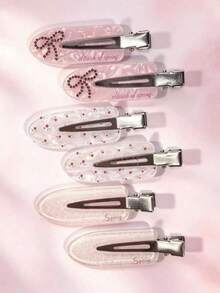 6pcs Plaid Heart Rhinestone Hair Clips, Cute Seamless Bangs Side Hair Clips, Sweet Women's Daily Hairstyle Decoration Hair Accessories Set (No Card Packaging) - Multicolor - View 6