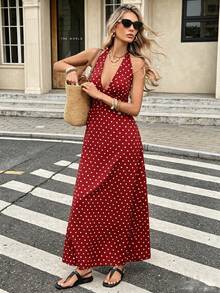 Vintage Vacation Style Spaghetti Strap Deep V-Neck Polka Dot Dress - Burgundy - View 1