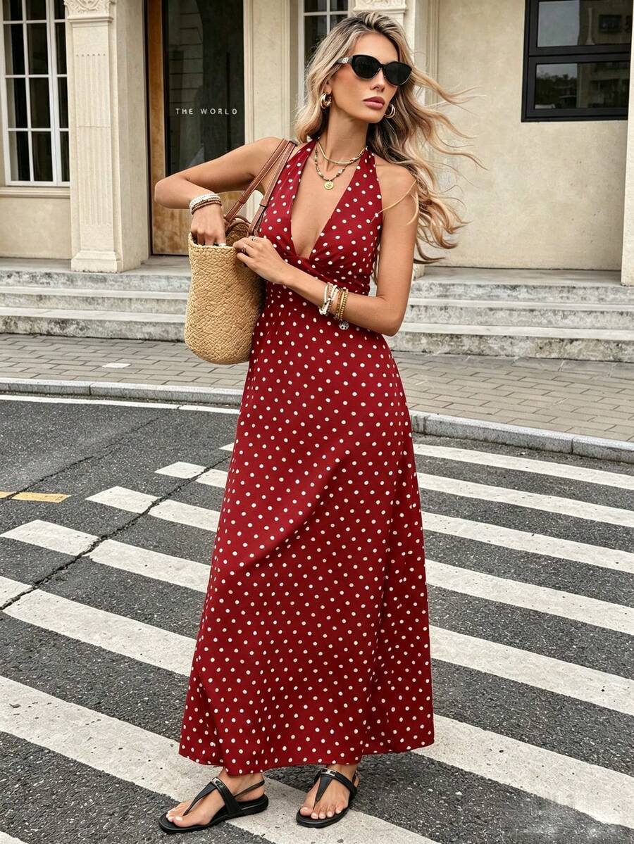 Vintage Vacation Style Spaghetti Strap Deep V-Neck Polka Dot Dress - Burgundy - View 1