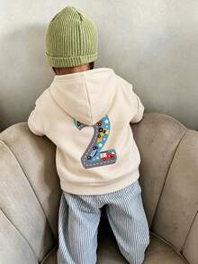 1pc Boys Toddler Hooded Sweatshirt, Construction Truck & Number 2 Cartoon Print, Cream White Loose Fit Pullover Sweatshirt For Spring And Autumn - Apricot - View 3