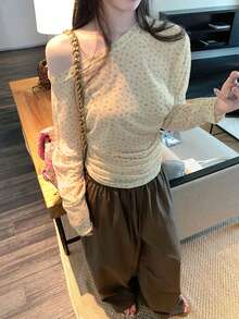 Asymmetrical Shoulder Ruched Waist Ditsy Floral Long Sleeve T-Shirt Casual - Beige - View 5