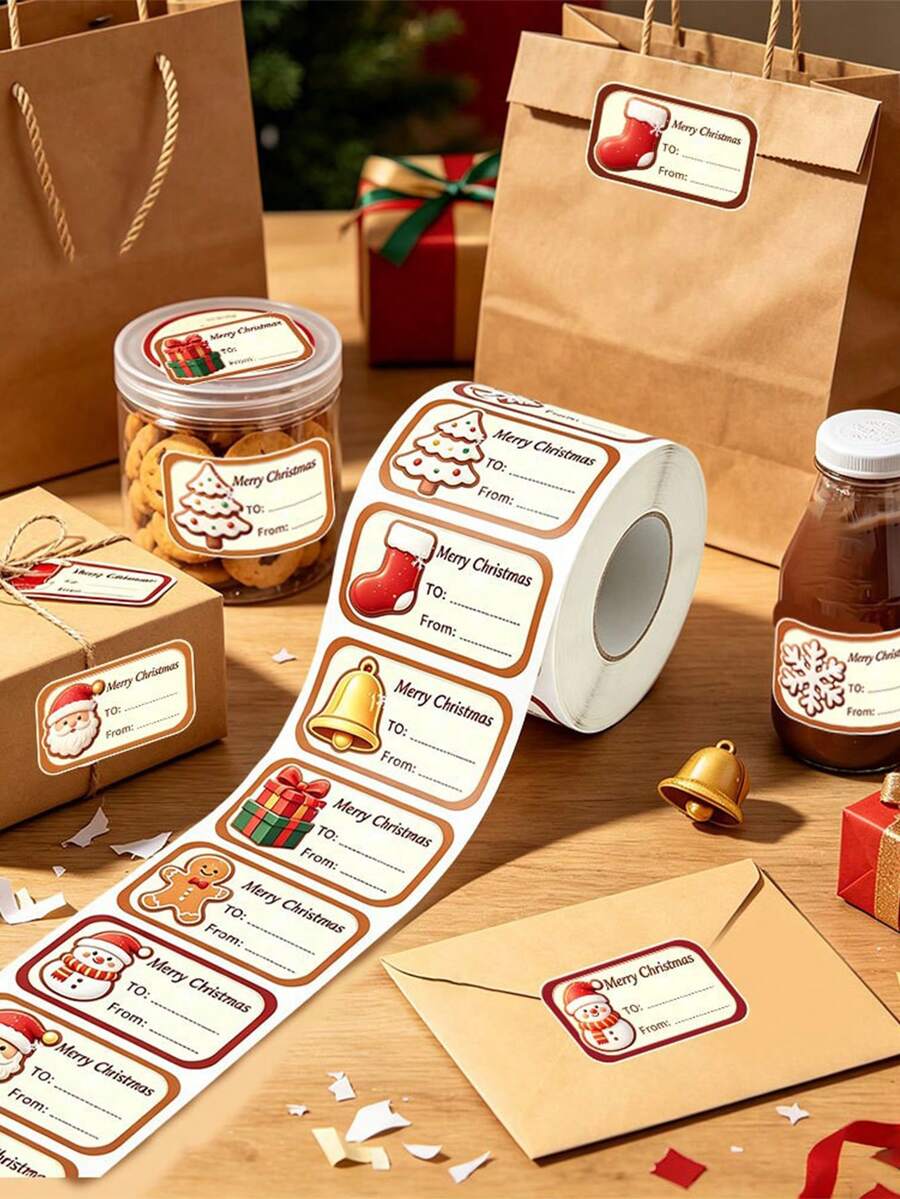 300/500PCS Roll Of Christmas Gift Wrapping Labels, Santa Claus, Reindeer, And Bell Patterns, Christmas Gift Name Label Stickers Roll,For Holiday Gift Box Packaging, Envelope Decoration, Christmas Card, Invitation, And Handmade Gift Sealing Decoration - Multicolor - View 1