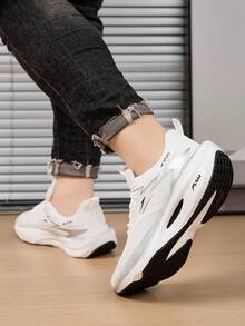 Men Mesh Panel Lace-Up Casual Sneakers, Breathable Lightweight Retro Running Shoes - White - View 6