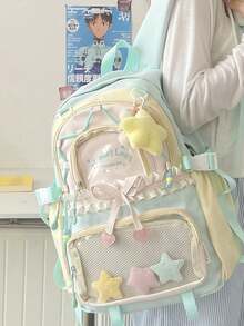 Mochila con decoración de estrella de color contrastante, gran capacidad, adecuada para viajes, compras, vacaciones, estilo japonés para volver a la escuela (color de cuentas aleatorio) - Multicolor - Ver 1