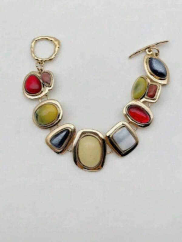 A European And American Retro Style Fashionable Zinc Alloy Inlaid Multi-Color Geometric Resin Gemstone Simple High-End Vintage Bracelet