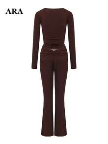 ARA Women's Autumn Brown 2 Pieces Set, V-Neck Long Sleeve Ruched Cropped Top and High-Waisted Long Sleeve Flare Pants, Back Ruched Detail Loungewear & Sportswear - Coklat - View 9