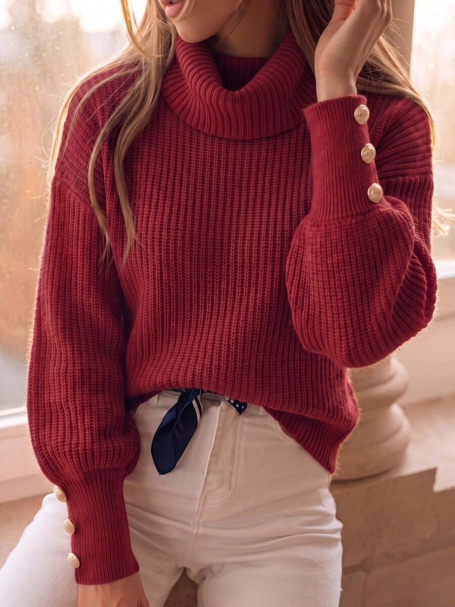 Suéter holgado de cuello alto para mujer, de punto acanalado con botones, de manga larga, informal y formal