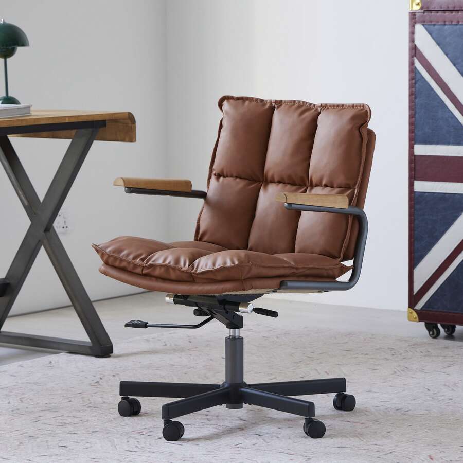 Home Office Desk Chair, Leather Ergonomics Computer Chair With Wheels And Oak Armrests, Height Adjustable Wheelchair With Swivel Function For Executives, 65 X 46 X 72 Cm - Brown - View 1