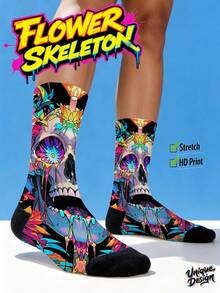 Cool 360° Printed Men's Socks - Streetwear Socks,Colorful Flower Skull,Undead Art Style,Colorful,Funny Socks, Fit Daily, Holiday & Party Occasions - Multicolor - View 8