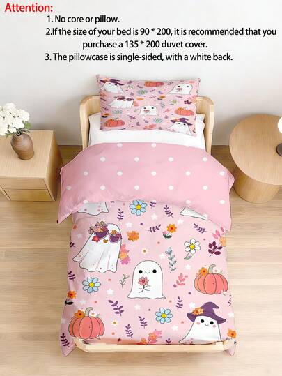 1 Juego de Funda Nórdica para Bebé con Estampado de Fantasma de Calabaza de Dibujos Animados Rosa, Juego de Funda Nórdica para Cuna de Bebé de Poliéster, Juego de Ropa de Cama para Bebé con Tema de Halloween Lindo