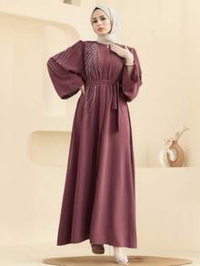 Wine Red Rhinestone Belt Muslim Long Sleeve Full Skirt Dress Fall - Lotus Root Starch - View 10