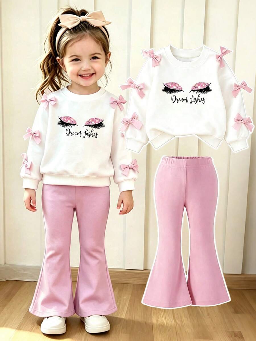 Baby Girl Cartoon Print Crew Neck Sweatshirt And Flare Pants Set - White - View 1