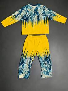 Plus Size Men's 2 Pieces Set, Men's Wide Leg Pants, Long Sleeve Graphic T-Shirt, Streetwear "Starry Sky Gradient Fluid Wave Tie-Dye Print" Pattern Outfit - Polyester Fabric, Drawstring, Pockets, Suitable For Plus Size - Yellow - View 3