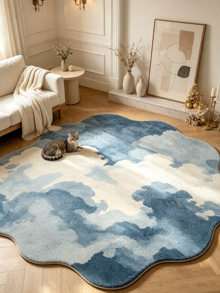 1pc Asymmetrical Blue Sky Cloud Pattern Living Room Rug, Thickened Rug, Thick Rug, Plush Rug, Autumn/Winter Rug, Thickened Rug, Living Room Rug, Rug, Living Room Area Rug, Area Small Rug, Mat, Home Decor, Large Living Room Rug, Round Rug, Living Room Home Decor, Room Decor, Washable Rug - Multicolor - View 1
