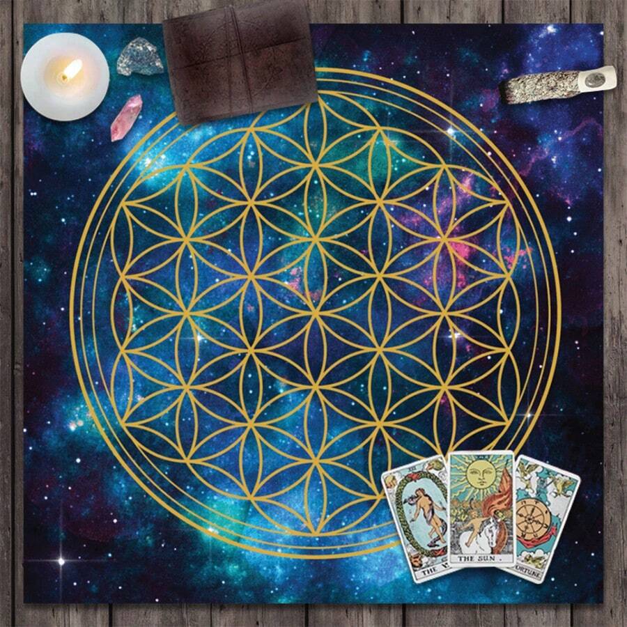 1PC Galaxy Flower Of Life Tarot Cloth, Sacred Geometry Cosmic Altar Mat, Spiritual Divination Table Decor Tapestry - Multicolor - View 1