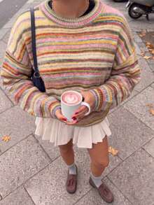 Women's Fashion Striped Colorful Crew Neck Knit Sweater - Multicolor - View 4