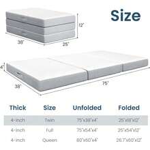 Tri Fold Foldable Mattress 4 Inch Memory Foam Portable Folding Floor Guest Bed Convertible Lounger Mat With Removable Washable Cover Storage Bag Non Slip Bottom For Camping Travel Home RV White - Twin - View 3