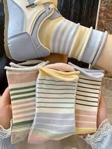 1/4/5/6/10 Pairs Korean Style Ins Color Block Thin Striped Versatile Mid-Calf Socks, Japanese Retro Contrast Color Rolled Edge Academy Style Slouch Socks - Women's Socks, Fall, Autumn Outfit, White Socks, Winter, Winter Socks, Winter Clothing, Gift For Women, Halloween, Christmas Gift, Back To School - Multicolor - View 1