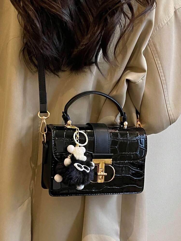 Embossed Texture With Metal Lock Decoration, Detachable Long Shoulder Strap, Vintage Elegant Style Handbag Crossbody Small Square Bag, Women's Commute Date Travel Everyday Small Bag, High-End Atmosphere Styling Accessory Small Square Bag - Black - View 4