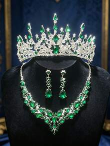 Bride Wedding Accessories Luxurious Tiara With Crystal Necklace Earrings 4-Piece Bridal Jewelry Set, Suitable For Weddings, Parties, And Balls. - Silver - View 8