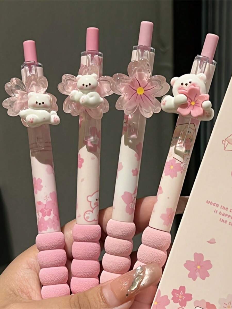 4 PCS Set Of Cherry Blossom Fluffy Bear Soft Grip Click Pens, Healing Milk-Froth Style Black Ink Smooth Flow, 0.5Mm Standard ST Nib Non-Clogging - Multicolor - View 1