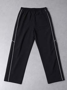 1pc Men's Black Wide Leg Pants, Black Base With White Contrast Line Design, Smooth Drape Fabric, Wrinkle-Resistant And Easy Care, Dual Side Practical Pockets, Machine Washable, Sporty Casual, American Street Style, Versatile Daily Commute Wide Leg Pants - Black - View 7