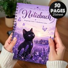 1PC A5 German Curious Mind Happy Life Black Cat Spiral Notebook, 50 Pages/25 Sheets, Purple Lavender Journal For Daily Writing, School Notes, Doodling And Cat Lover Gifts - A5 - View 7