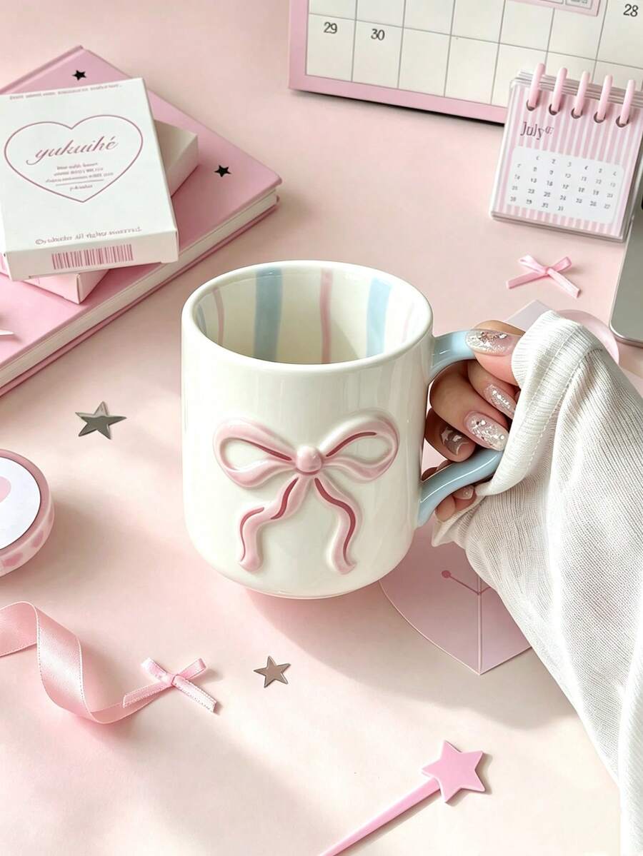 1pc 350ml Colorful Ceramic Mug, Bow Design, Suitable For Daily Use, Cold And Hot Drinks, Suitable For Various Occasions, Microwave , Dishwasher And Hand Washable, Suitable For Tea, Milk And Coffee, Great Gift - Multicolor - View 1
