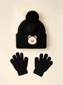 1set Bear Baby Pom-Pom Beanie White Hat Gloves Set, Cozy Knit Winter Warm Heart Cute Hat For Kids, Outdoor Accessory,Winter Baby Hat - Multicolor - View 6