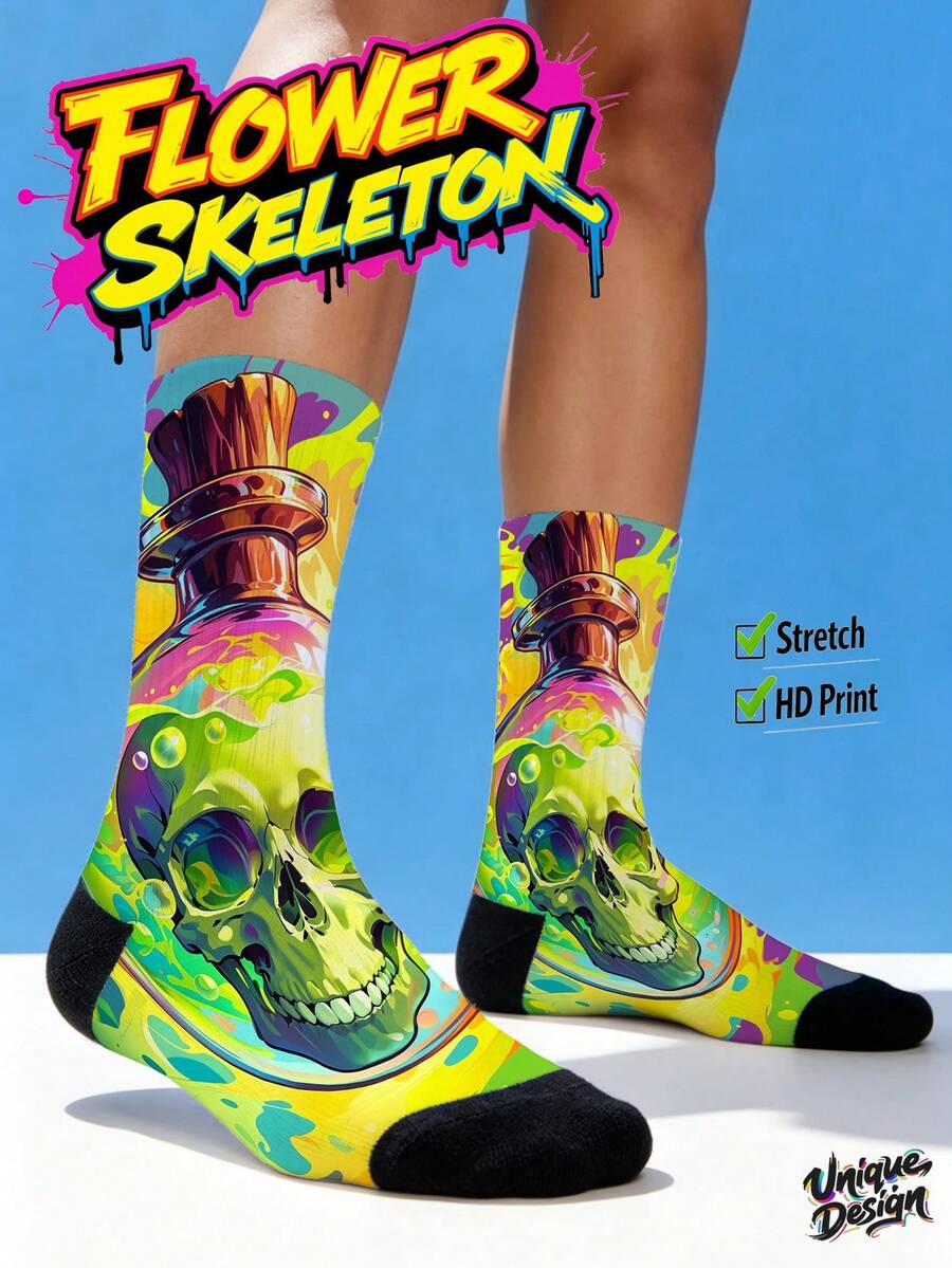 Cool 360° Printed Men's Socks - Streetwear Socks,Colorful Flower Skull,Undead Art Style,Colorful,Funny Socks, Fit Daily, Holiday & Party Occasions - Green - View 1