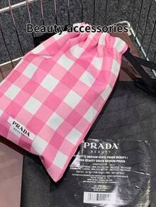 PRADA BEAUTY Pink White Gingham Drawstring Pouch, Fabric Checkered Pattern Cosmetic Storage Bag, Portable Multi‑Purpose Beauty Accessories Organizer Luxury Gift For Women PRADA‑GIFT‑23 - Pink - View 3