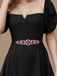 1pc Fashion Burgundy Rhinestone Applique Bridal Belt, Handmade Wedding Accessories, Versatile Evening Gown Decoration, Black Ribbon Halloween - Black - View 3