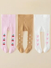 1/3 PCS Toddler Girls Spring & Autumn Tights 0‑5Y, Cute Cherry Bow Polka‑Dot Pattern Soft Breathable Stirrup Pantyhose For Daily Wear. - Multicolor - View 2