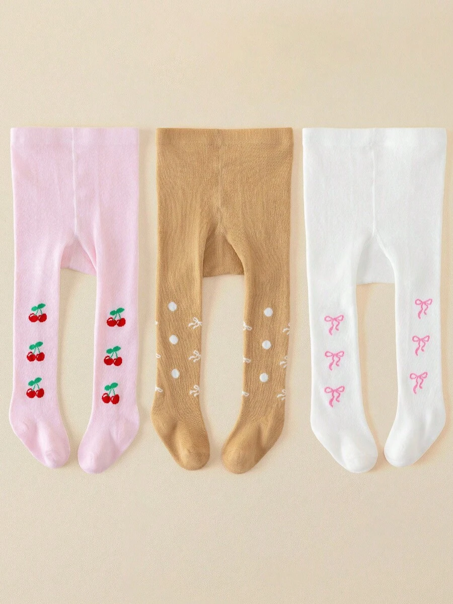 1/3 PCS Toddler Girls Spring & Autumn Tights 0‑5Y, Cute Cherry Bow Polka‑Dot Pattern Soft Breathable Stirrup Pantyhose For Daily Wear. - Multicolor - View 1