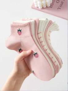 5 Pairs Women's Cute Sweet Breathable Strawberry Cherry Rabbit Pattern Short Invisible Boat Socks Ankle Socks Casual Socks Ins Style Fashion White Pink Socks Suitable For Spring Summer And All Year Round - Multicolor - View 1