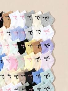 5/10/20 Pairs Kids Solid Color Bow Short Socks, Girls Student Socks, Suitable For Sports Socks, Girls Autumn Socks, Halloween Socks - Multicolor - View 2
