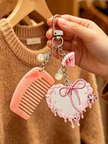 Lovely Keychain Charm Acetate Alloy Hair Comb Design Heart Mirror,For Handbag Crossbody Bag Phone Car Keyring Accessory, For Women Girls Daily - Multicolor - View 9