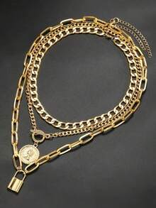 3pcs Vintage Elegant Personalized Exaggerated Punk Style Women Coin & Lock Pendant Necklaces, Suitable For Daily, Party And Travel Wear - Gold - View 5
