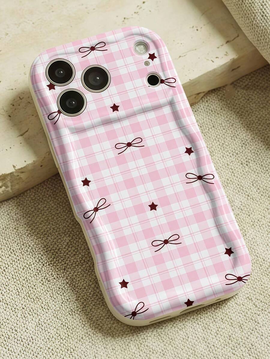1pc Cream Dopamine Wave Ruffle Soft TPU Texture, INS Sweet Girl Pink Plaid Bow & Star Phone Case, Glossy Wave Frame Sweet Atmosphere Phone Cover Compatible With Galaxy S21 S22 S23 S24 S25 S26/Honor/ And More Models - White - View 1