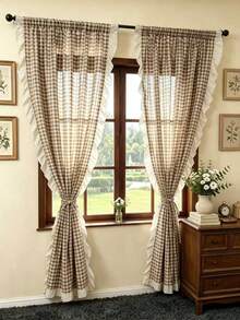 1pc American Vintage Style Ruffled Curtain, Room Divider Door Curtain, Suitable For Kitchen, Bedroom, Living Room, Daily Home, Holiday Party Atmosphere Decor - Coffee Brown - View 1