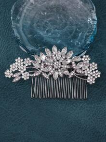 1pc Plum Flower Design Rhinestone Alloy Hair Comb For Women, Party, Wedding, Photography - Silver - View 15