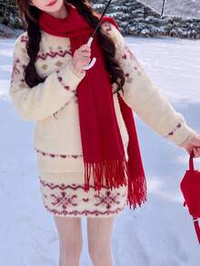 Women's New Autumn/Winter Atmosphere Pattern Pullover Sweater And Skirt 2 Pieces Set, Suitable For Christmas - Red and White - View 4
