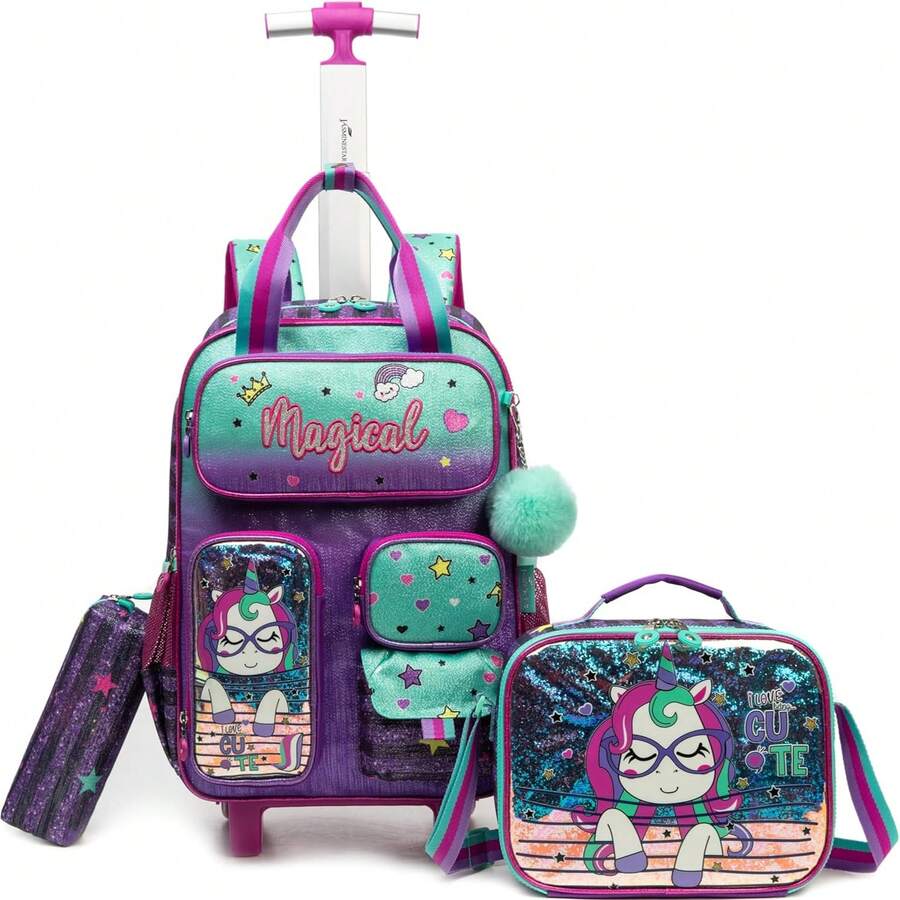 Cute Girls' Rolling Backpack With Crossbody Bag And Pencil Case, Back To School Student Supplies - 189 Rolling Backpack - View 1