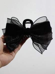 1pc Women's Black Mesh Rhinestone Bowknot Hair Clip,Elegant High-End Oversized Hair Accessory Suitable For Daily Wear,Holidays - Black - View 7