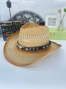 Men's Western Style Straw Cowboy Hat, Outdoor UV Protection Sun Hat, Breathable Woven Summer Hat - Multicolor - View 14