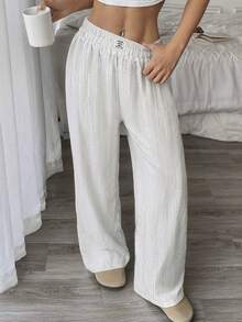 1pc Women's Elastic Waist Wide Leg Long Pants Loungewear - White - View 3