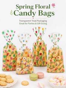 20pcs Spring Floral Candy Bags Transparent Treat Packaging Colorful Flower Print Twist Tie Bakery Party Wedding Birthday Dessert Snack Gift Supplies - View 1
